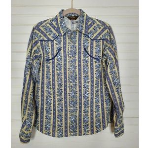 Walls Blue Floral Button Down Pearl Snap Cowgirl Ranch Shirt Sz. Medium